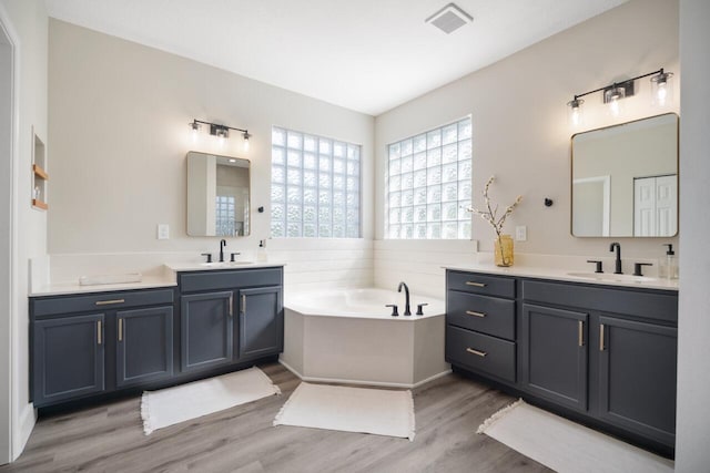 bathroom featuring vanity, a bathtub, and wood-type flooring