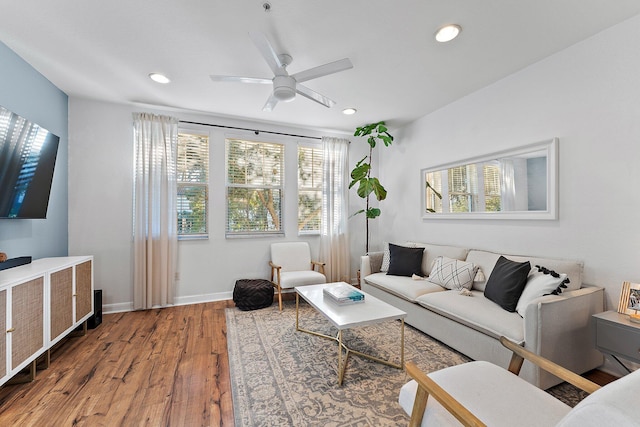 living room featuring ceiling fan and wood-type flooring