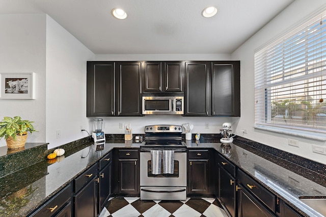 kitchen with stainless steel appliances and dark stone counters