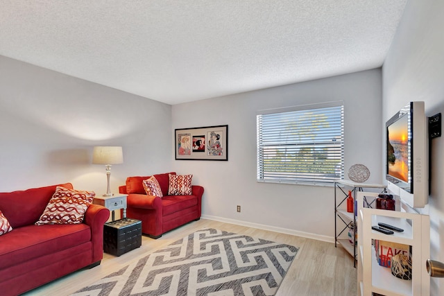 living room with light hardwood / wood-style floors and a textured ceiling