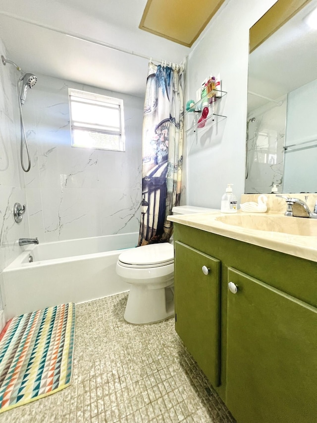 full bathroom featuring vanity, shower / bath combination with curtain, and toilet