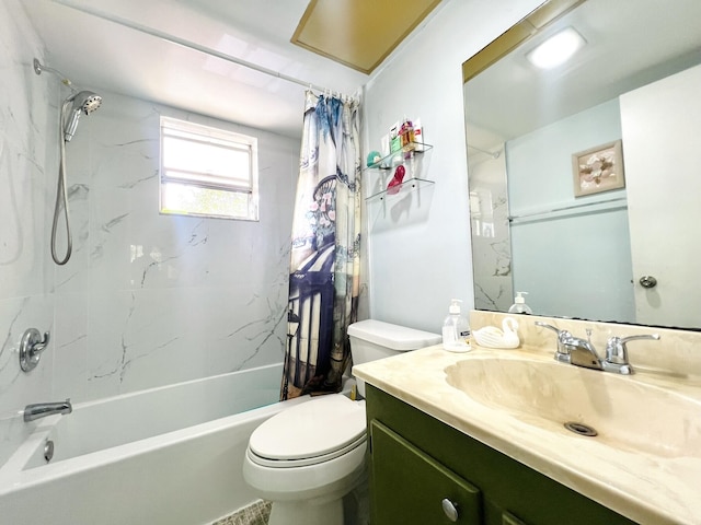 full bathroom featuring vanity, toilet, and shower / tub combo with curtain