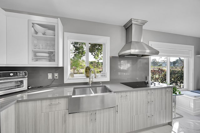 kitchen with plenty of natural light, black electric cooktop, sink, and range hood