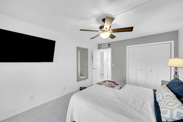 bedroom featuring ceiling fan and a closet