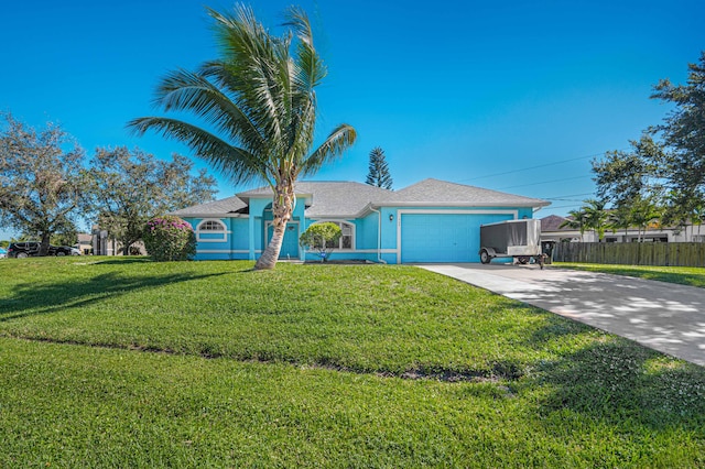 ranch-style house featuring a garage and a front lawn