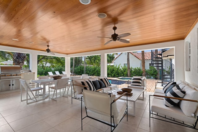 view of patio / terrace with a pool with hot tub, an outdoor living space, grilling area, and ceiling fan