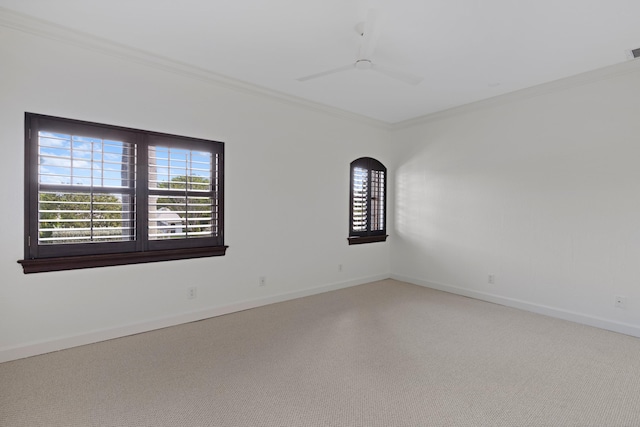 empty room with carpet flooring, ceiling fan, and crown molding