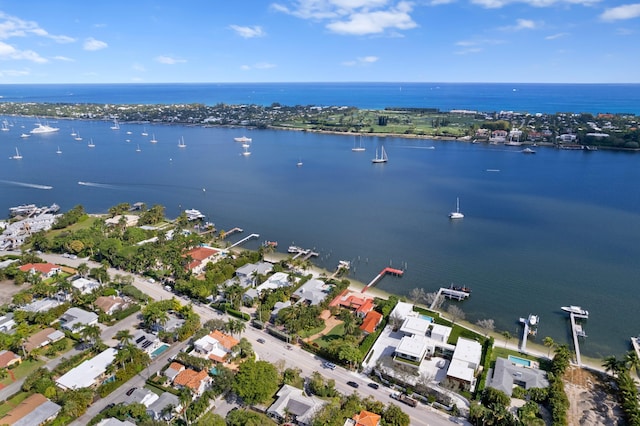 bird's eye view with a water view