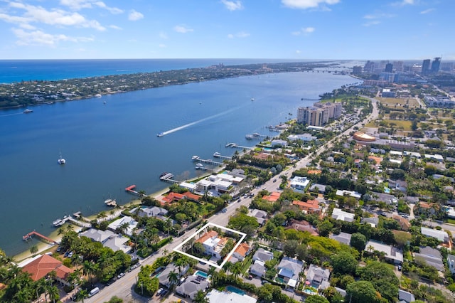 bird's eye view with a water view