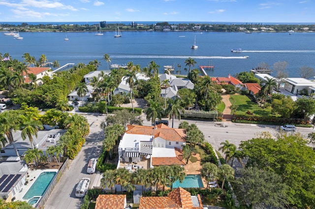 drone / aerial view featuring a water view