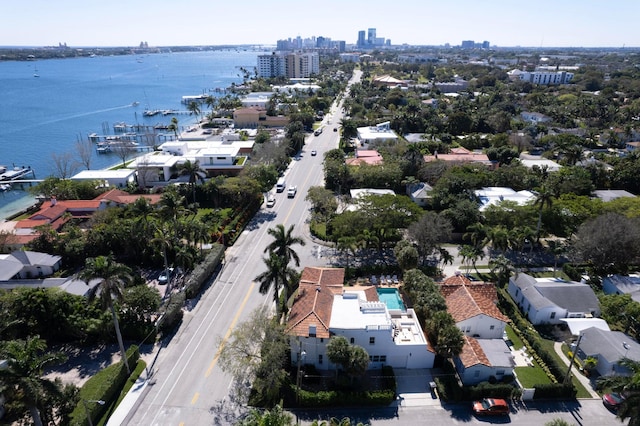 aerial view featuring a water view