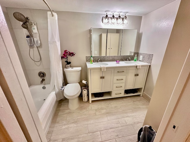 full bathroom featuring decorative backsplash, vanity, toilet, and shower / tub combo with curtain