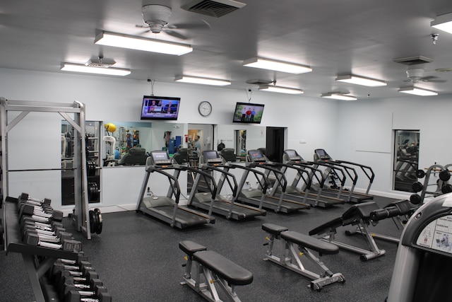 exercise room with ceiling fan