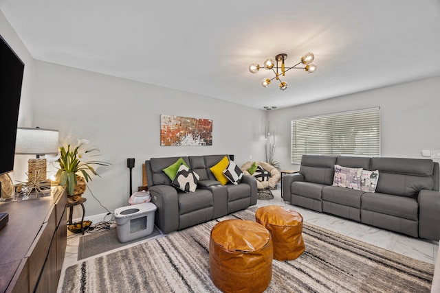 living room featuring a notable chandelier