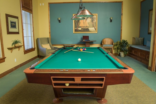 playroom with dark colored carpet and pool table