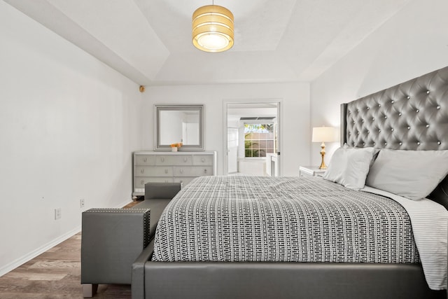 bedroom with a raised ceiling and wood-type flooring