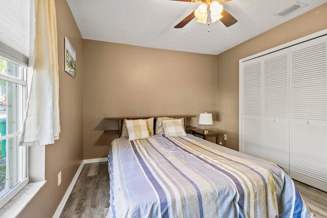 bedroom with a closet, light hardwood / wood-style flooring, and multiple windows