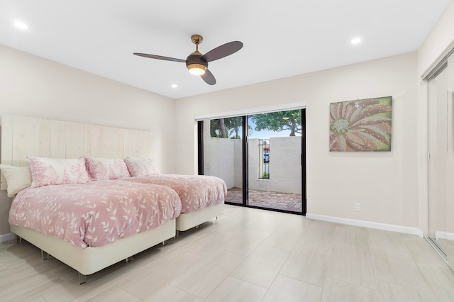 bedroom with access to exterior and ceiling fan