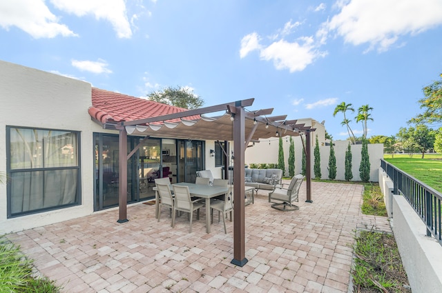 view of patio featuring an outdoor living space and a pergola