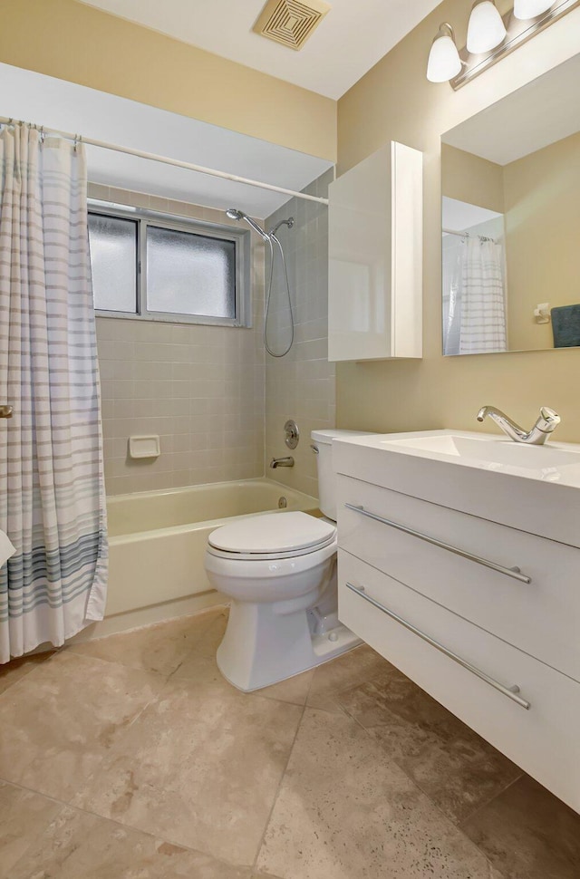 full bathroom with toilet, vanity, and shower / tub combo with curtain