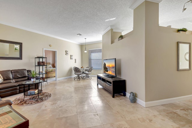 living room featuring crown molding and a textured ceiling