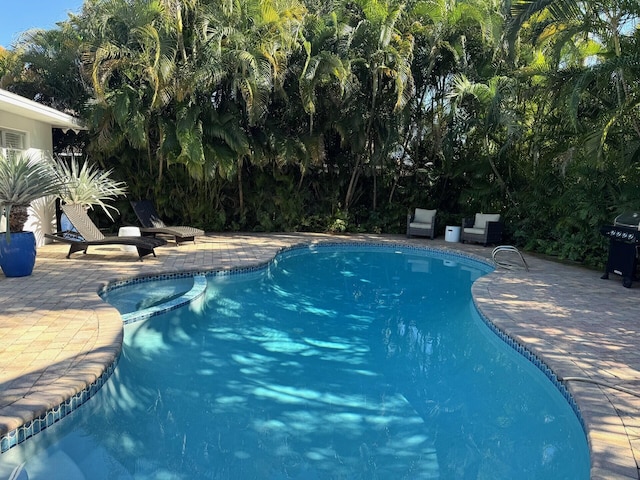 outdoor pool featuring a patio area and grilling area