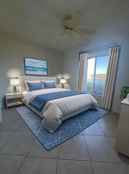 tiled bedroom with ceiling fan