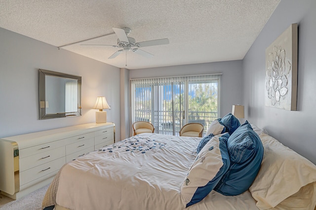 bedroom with access to exterior, ceiling fan, light carpet, and a textured ceiling