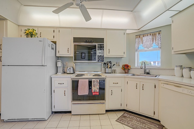 kitchen with ceiling fan, sink, light tile patterned floors, and white appliances