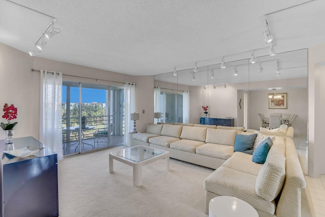 living room featuring a textured ceiling and light colored carpet