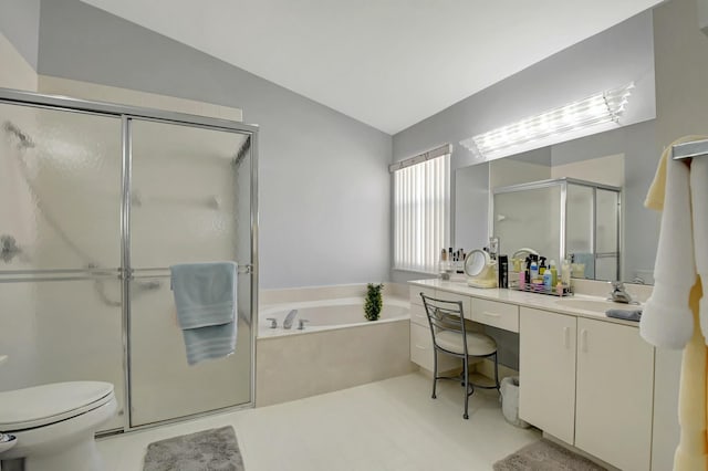 full bathroom featuring separate shower and tub, vanity, vaulted ceiling, and toilet