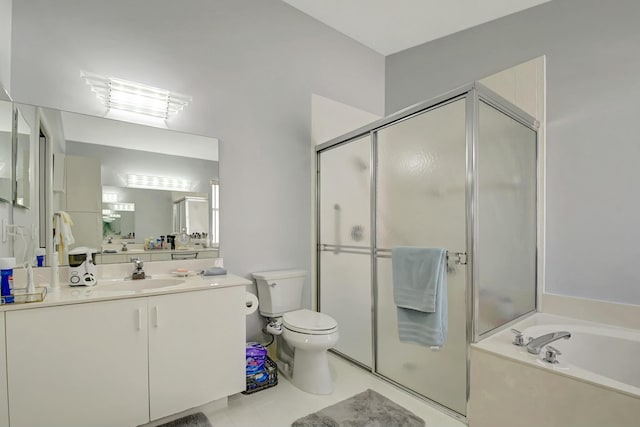 full bathroom featuring tile patterned flooring, vanity, toilet, and shower with separate bathtub