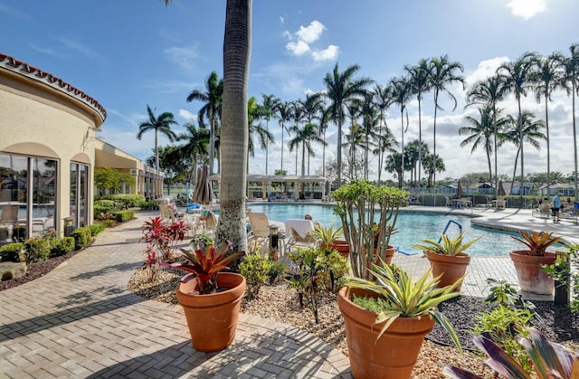 view of swimming pool featuring a patio area