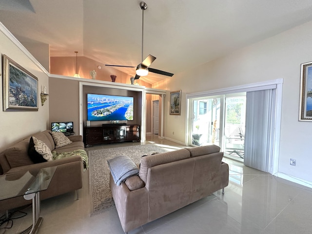 tiled living room featuring ceiling fan and lofted ceiling