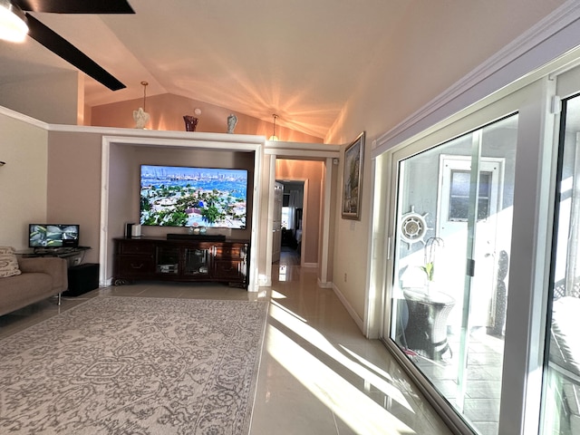 living room featuring ceiling fan and lofted ceiling