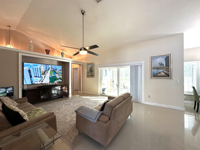 tiled living room with ceiling fan and lofted ceiling