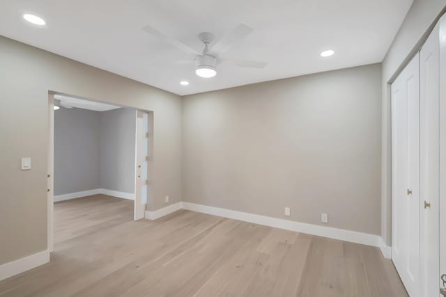 interior space with ceiling fan and light hardwood / wood-style floors