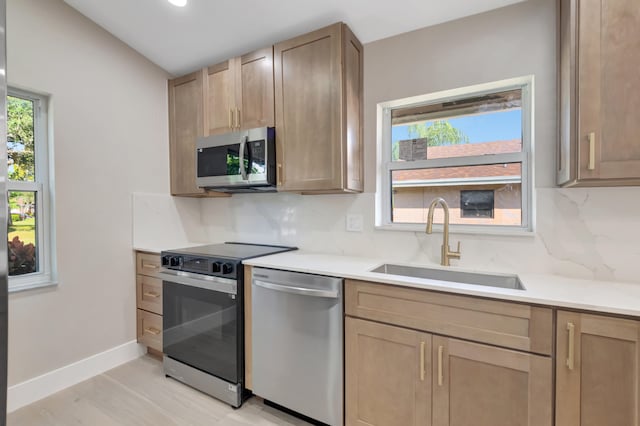 kitchen with decorative backsplash, light hardwood / wood-style floors, sink, and appliances with stainless steel finishes