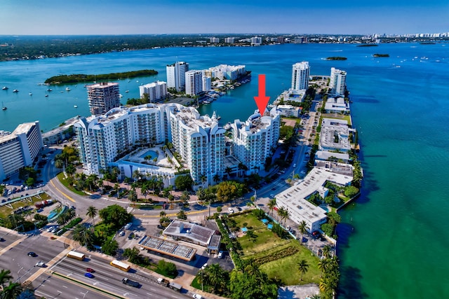 drone / aerial view featuring a water view