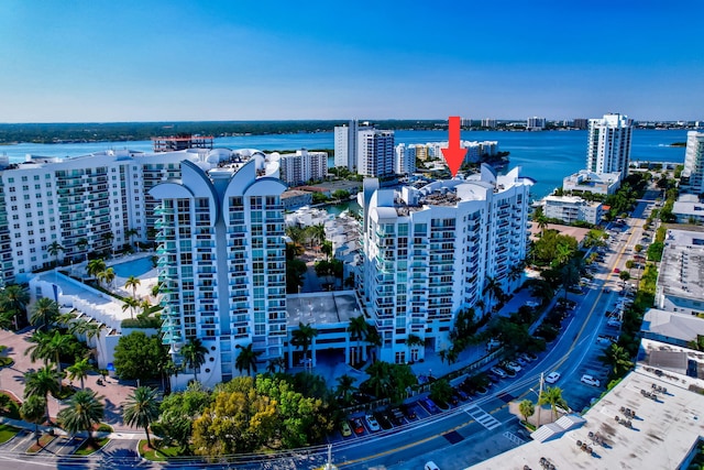 aerial view featuring a water view