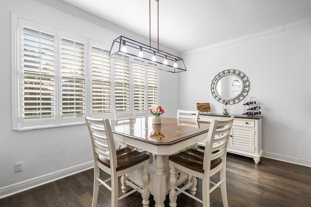 dining space featuring a textured ceiling, a healthy amount of sunlight, ornamental molding, and dark wood-type flooring