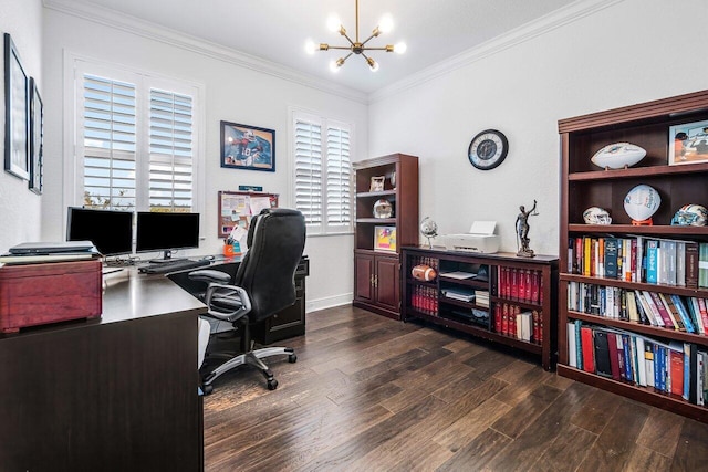 home office featuring dark hardwood / wood-style floors, crown molding, and a notable chandelier