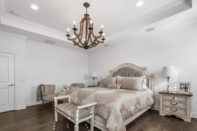 bedroom with crown molding, dark hardwood / wood-style flooring, and an inviting chandelier