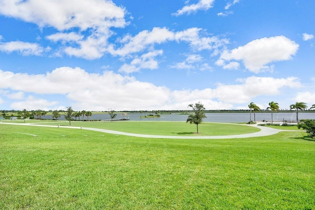 view of community with a lawn and a water view