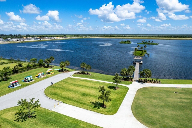 bird's eye view with a water view