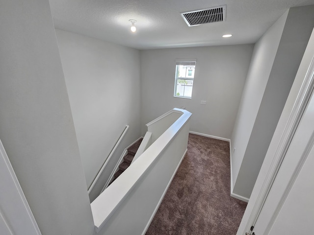 stairs featuring carpet floors and a textured ceiling