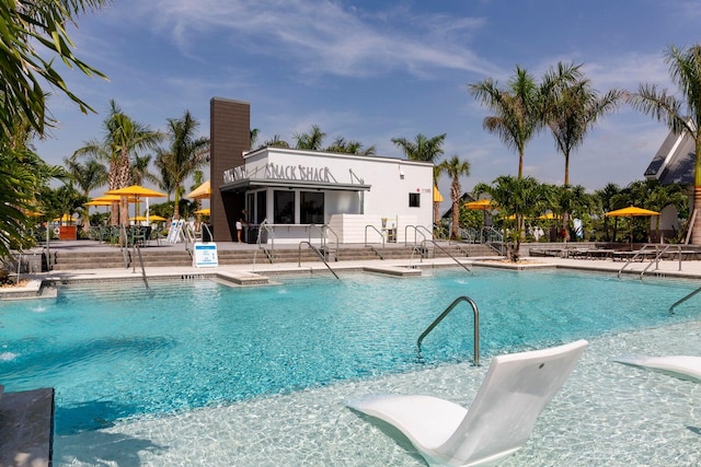 view of swimming pool with a patio