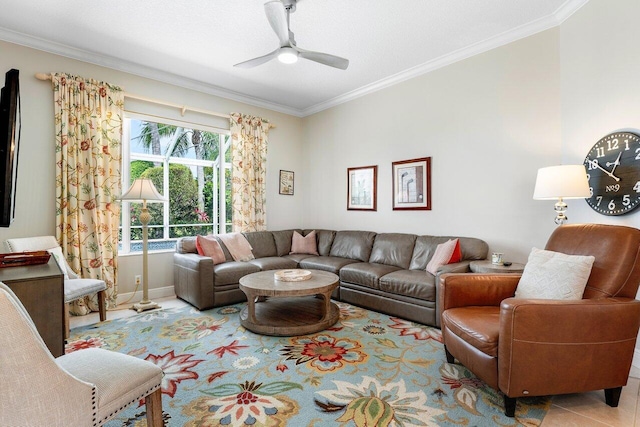 tiled living room featuring ceiling fan and crown molding