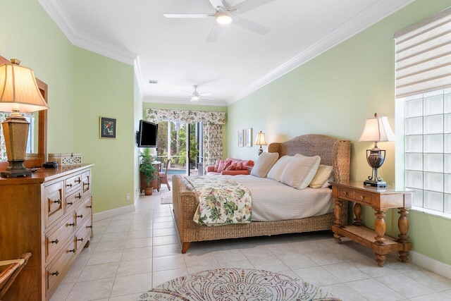 tiled bedroom featuring ceiling fan and ornamental molding