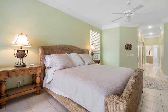 bedroom with light tile patterned floors, ceiling fan, and crown molding